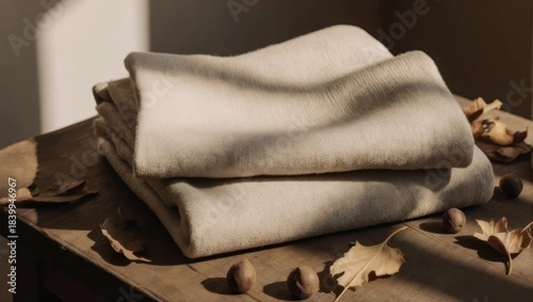 Obraz Stack of light beige fabric draped on a wooden table,  natural light, dried leaves,  and nuts