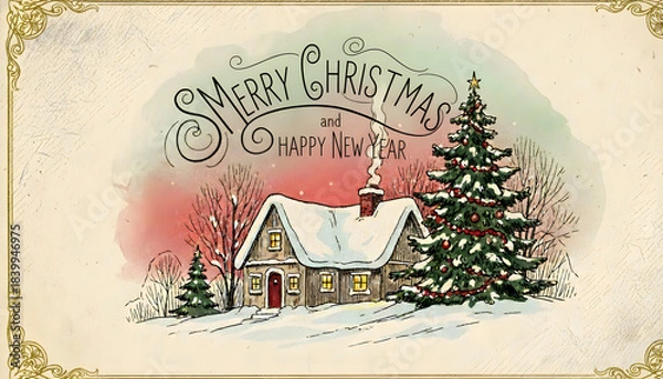 Obraz Hand drawn vintage style greeting card showing snowy dwelling and fir tree wishing happy winter season