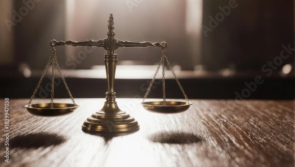 Obraz Golden legal scales on wooden table. Soft light