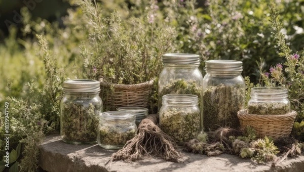 Obraz Dried herbs in glass jars on a stone surface, surrounded by plants