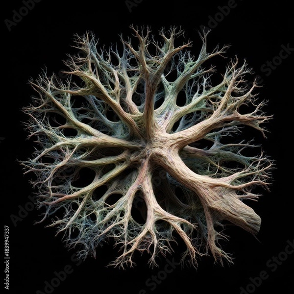 Obraz Spherical Neural Root Structure with Organic Branching Pattern on Black Background