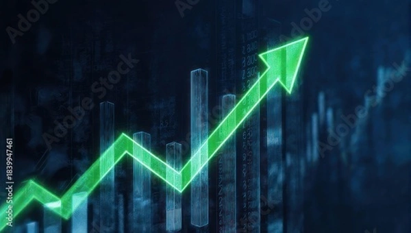 Obraz Charting a green upward trend over a dark backdrop of financial data
