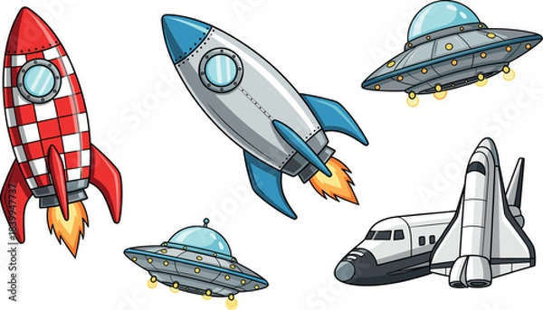 Fototapeta Set of Cartoon Spacecraft Including Rockets, UFO Flying Saucers, and Space Shuttle, Colorful Outer Space Vehicle Illustration