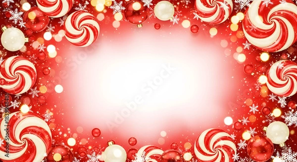 Obraz Bright red background border design framed with swirling peppermint sweets shiny ornaments and bokeh lighting effects