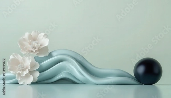 Obraz Serene composition features delicate white blossoms atop flowing aqua drapery beside a dark sphere