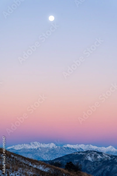 Obraz 霧ケ峰高原車山湿原遊歩道から北アルプスビーナスベルトとモルゲンロート