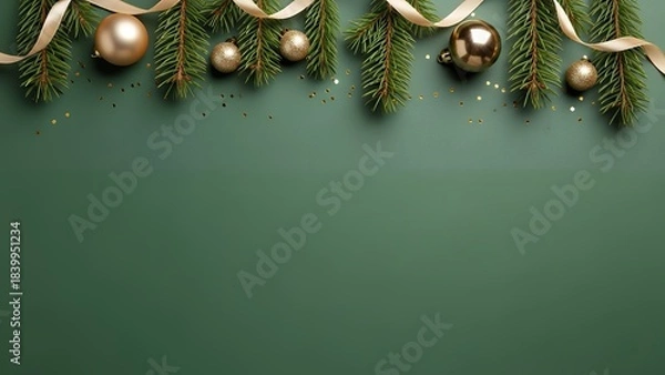 Obraz Elegant holiday border featuring golden Christmas ornaments pine branches and ribbon against a deep green background