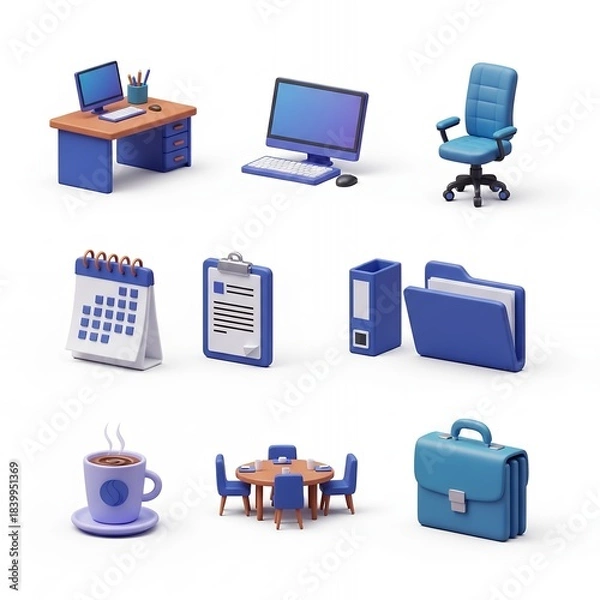 Obraz Collection of blue and orange 3D isometric office supplies and furniture icons isolated on a white background for design