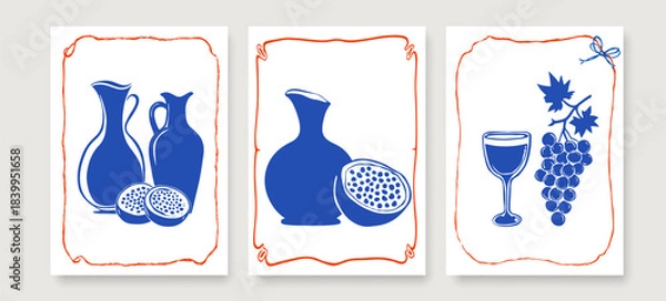 Obraz Wall Art Posters Set for Kitchen, Cafe, Food Design in Hand Drawn Style. Wine and Grapes Wall Art Print Collection in Sketch Trendy Style. Vector Illustration