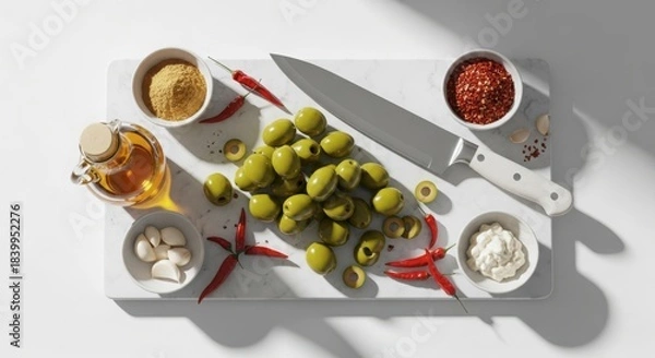 Fototapeta Overhead view of green olives, spices, garlic, and knife on white cutting board for appetizer preparation