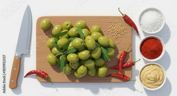 Fototapeta Green olives with spices, salt, mustard, and chili peppers on a wooden cutting board next to a knife, overhead view