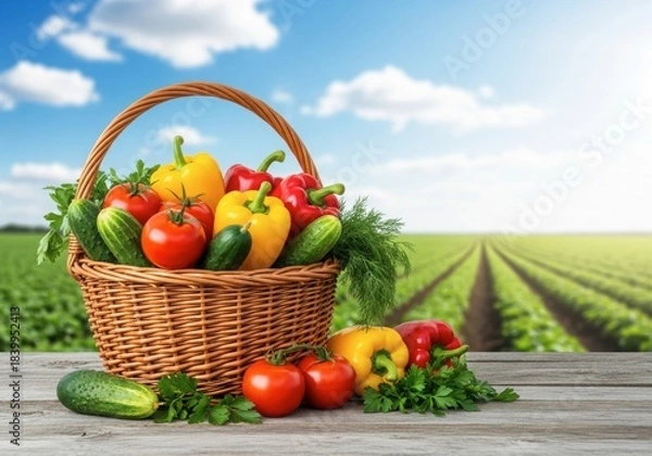 Fototapeta Freshly harvested vegetables in wicker basket on wooden table with sunny farm field background