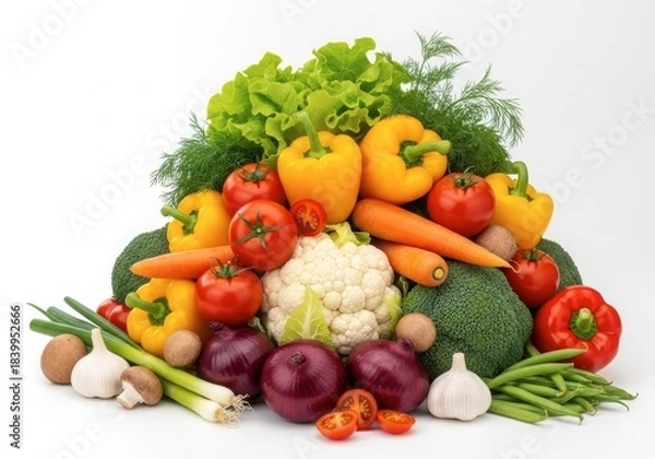 Fototapeta Fresh pile of assorted vegetables including bell peppers, tomatoes, broccoli, cauliflower, carrots, onions, garlic, and lettuce, isolated on white background
