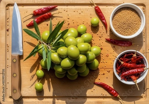 Fototapeta Fresh green olives with chili peppers and mustard seeds on a wooden cutting board
