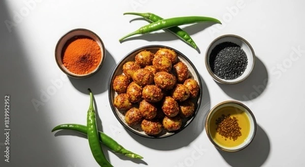 Fototapeta Spicy indian snack mix with chili peppers, red chili powder, black sesame seeds, and oil on white background