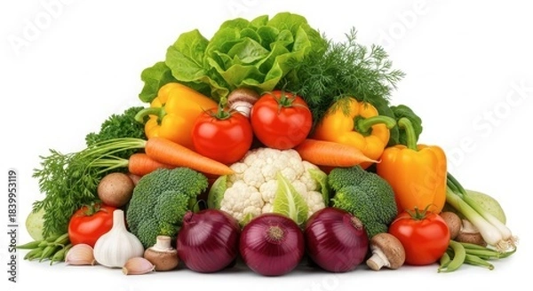 Fototapeta Large assortment of fresh, colorful, and healthy vegetables piled together, including lettuce, tomatoes, peppers, broccoli, onions, carrots, and cauliflower, isolated on white background
