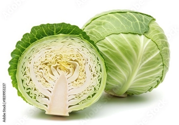 Fototapeta Two fresh green cabbages, one whole and one cut in half showing the inner layers, isolated on white background