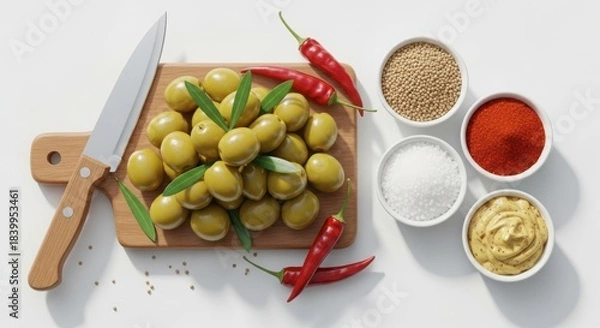 Fototapeta Assortment of green olives, spices, and condiments with knife on wooden cutting board