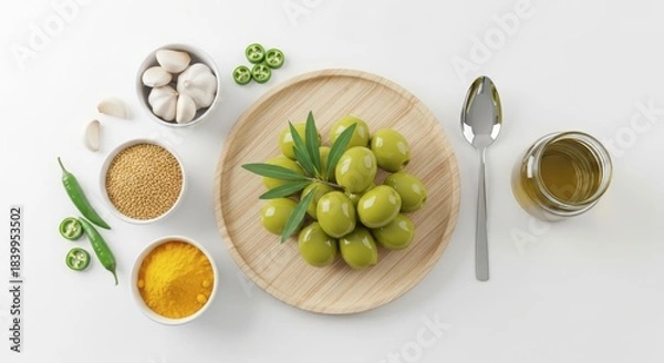 Fototapeta Fresh green olives with spices and ingredients for pickling or seasoning, top view