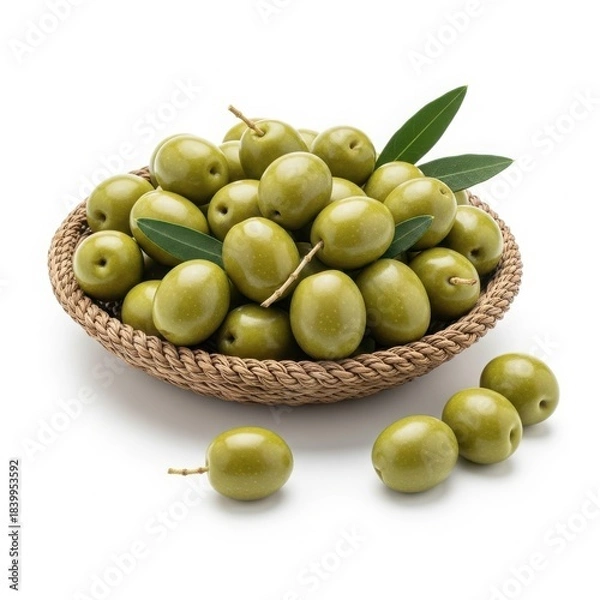 Fototapeta Fresh green olives with leaves in a woven basket, isolated on white background