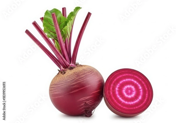 Fototapeta Fresh whole beetroot with green leaves and a half slice showing concentric rings, isolated on white background