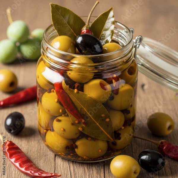 Fototapeta Gourmet jar of green olives marinated with black olives, bay leaves, and red chili peppers on rustic wooden table