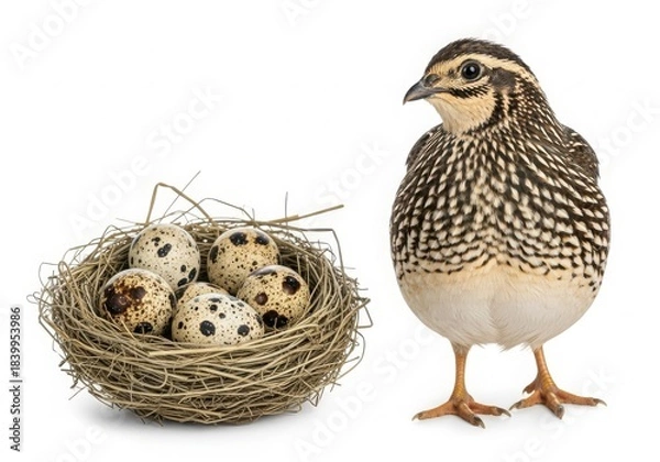Fototapeta Quail bird standing next to a nest with speckled eggs, isolated on white background