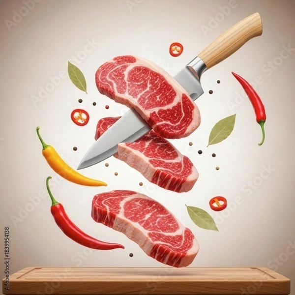 Fototapeta Raw beef steaks falling with a knife, chili peppers, and bay leaves, concept of cooking and preparation