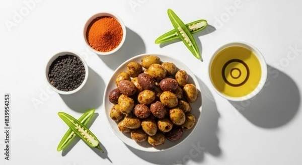 Fototapeta Spicy roasted chickpeas with chili powder, black sesame seeds, olive oil, and sliced green chilies on