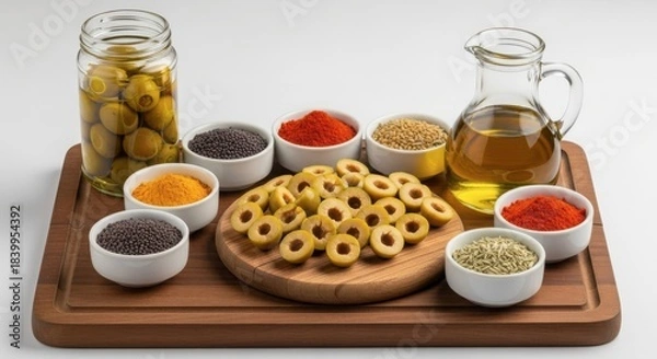 Fototapeta Assortment of olives, spices, and olive oil on a wooden serving board