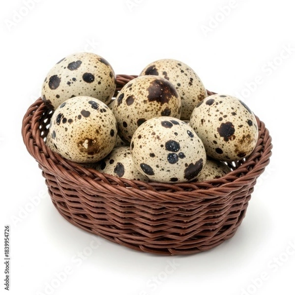 Fototapeta Quail eggs in a small wicker basket isolated on white background