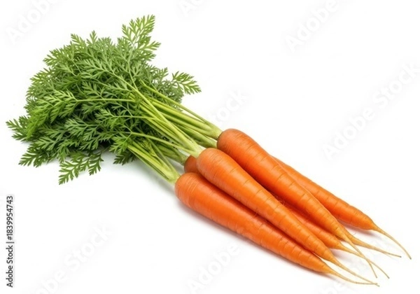 Fototapeta Fresh bunch of carrots with green tops, healthy root vegetable, isolated on white background