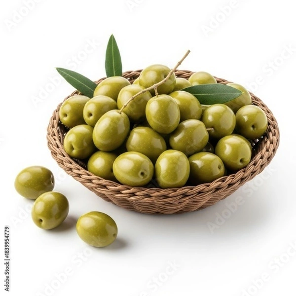 Fototapeta Fresh green olives in a woven basket with leaves, isolated on white background