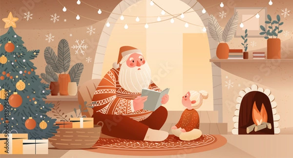 Obraz Santa Christmas cozy home story time holiday scene warm fireplace decorated tree gifts child listening festive interior lights modern flat design