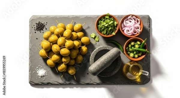 Fototapeta Assortment of fresh ingredients for making a spicy pickle or chutney, including green olives, chopped herbs, sliced red onions, green chilies, spices, and oil, arranged on a dark slate board