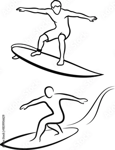 Fototapeta Surfer riding wave line art minimalist design illustration