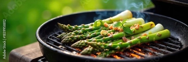 Obraz Grilled asparagus and spring onions sizzling on a hot grill, vibrant green vegetables cooking outdoors on a sunny day Fresh herbs nearby , farm to table, simple recipe, healthy recipe