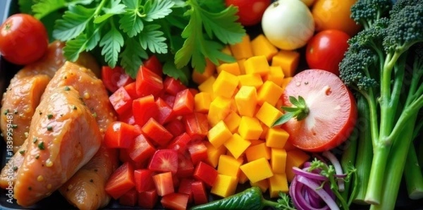 Obraz A vibrant assortment of chopped vegetables and pre-cooked proteins ready for meal assembly Perfect for healthy meal prepping or batch cooking Save time and eat well!, lunch prep, quinoa