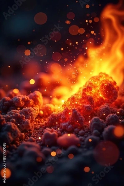 Obraz Close-up of glittering particles burning with intense, vibrant light; a fiery spectacle of shimmering embers , light, flames, magical