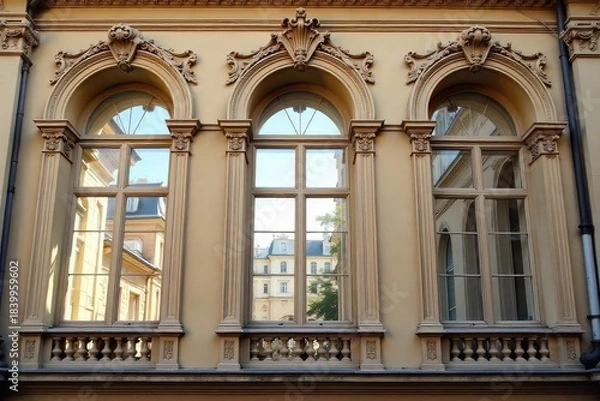 Obraz Elegant Viennese windows, ornate detailing, sunlight streaming through, classic architecture, historical building facade , classic, dwelling, sunlight