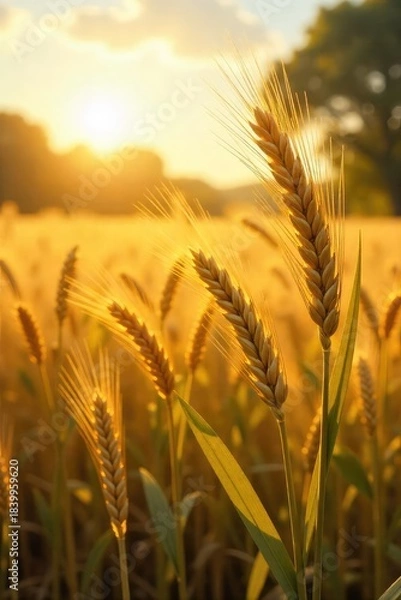 Obraz Golden sunlight bathes a lush field where ripe wheat sways gently in the breeze, ready for harvest A rustic scene of rural abundance and the bounty of nature , stems, plant, autumn