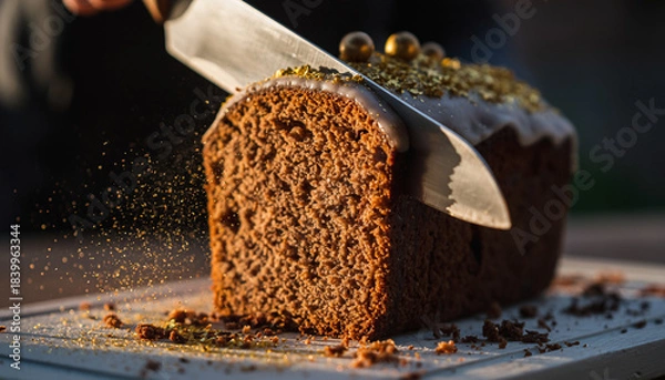Obraz A knife slices into a freshly baked loaf of chocolate cake, dusted with golden sprinkles and edible pearls.