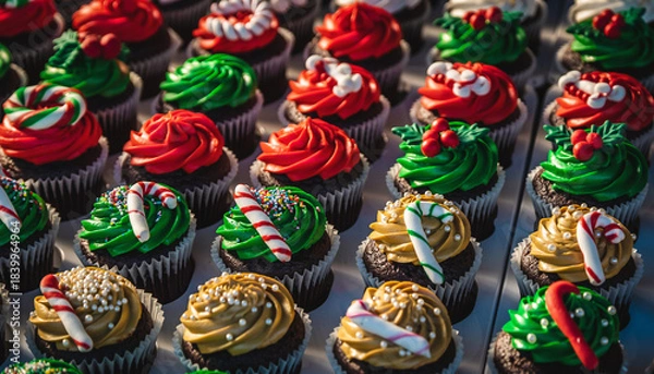 Obraz A delightful assortment of festive Christmas-themed cupcakes, each adorned with colorful frosting and holiday decorations.