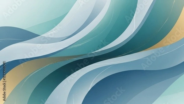 Obraz Flowing abstract lines and waves in calming blue, green, and gold tones, creating a serene modern background.