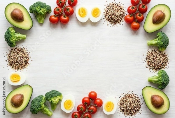 Obraz Top view flat lay border of healthy food ingredients featuring avocado, broccoli, tomatoes, eggs, and quinoa on white wood. Fresh meal prep background with copy space for diet and nutrition concepts.