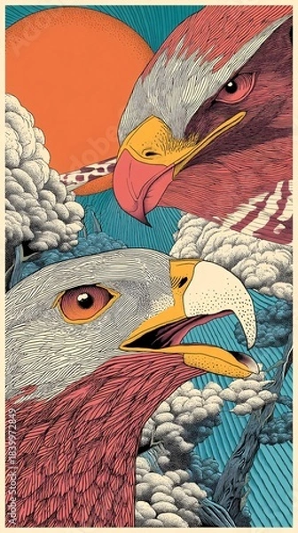 Obraz Two eagles heads illustration with sun and clouds in a vertical composition.