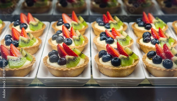 Obraz A close-up shot of a display of fresh fruit tarts with strawberries, blueberries, and kiwi slices.