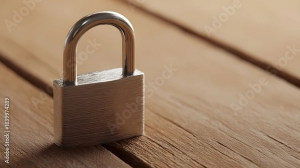 Fototapeta  Metal padlock on wood, representing security and trust in a close-up view.