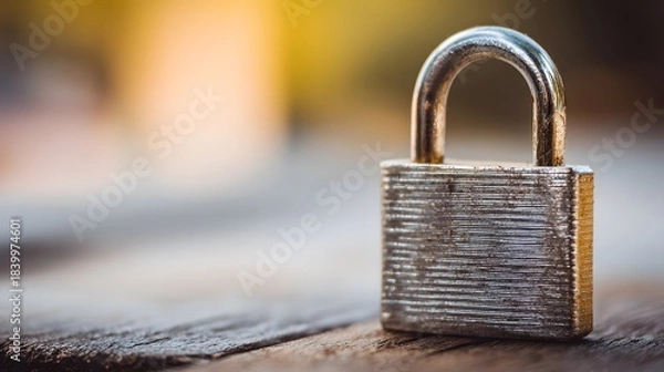 Fototapeta  Metal padlock on wood, representing security and trust in a close-up view.