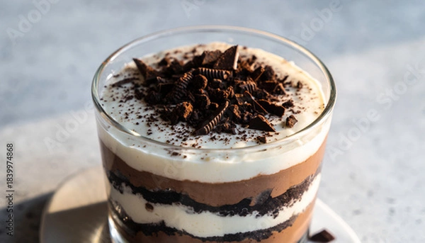 Obraz Delicious layered chocolate and cream dessert in a glass, garnished with chocolate shavings and cocoa powder, ready to be enjoyed.
